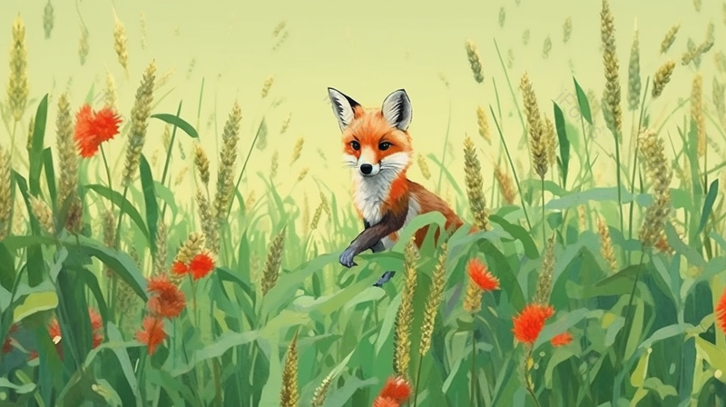 一直可爱的狐狸看着绿色麦子麦穗,插画/手绘图,插画/手绘图库,插画/手绘图下载,插画/手绘